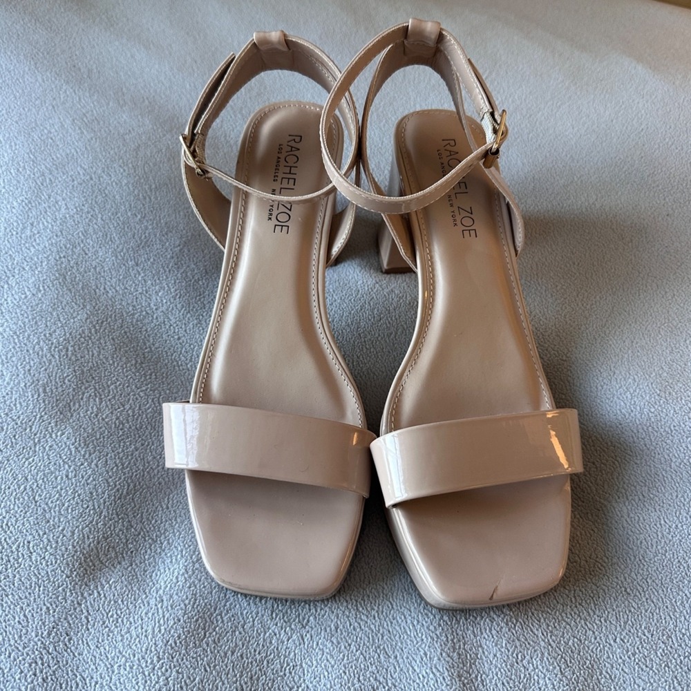 Rachel Zoe Block Heel Sandal Womens 9.5 Patent Nude Beige Strappy - Picture 2 of 8